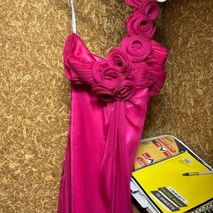 Fuchsia One-Shoulder Floral Detail Evening Dress